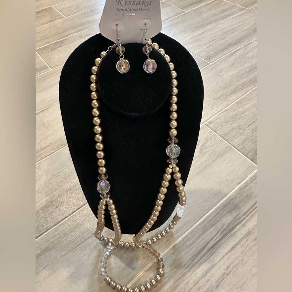 Kissaka Signed Faux Pearl Necklace Faceted Crystal Long and Matching Earrings